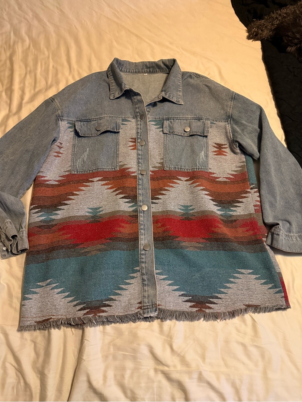 Denim & Aztec Print Button-Front Jacket - Teal & Rust